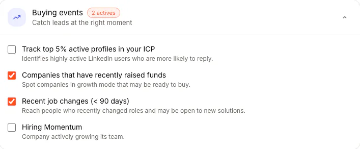 The buying events group in the Edit signals window: new funding, job changes, hiring and similar events, each with a switch.