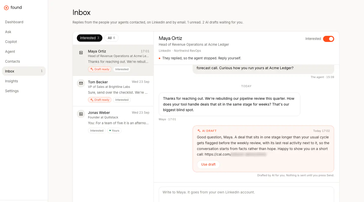 FOUND's Inbox: a reply from Maya Ortiz asking how the tool handles deals stuck in one stage, with an AI draft underneath that answers and offers a booking link.