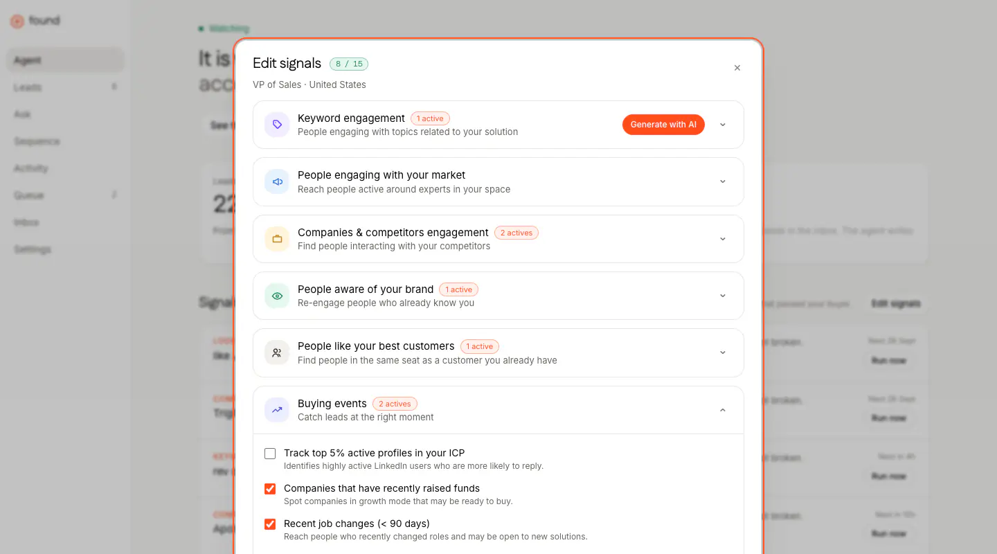 FOUND's Edit signals window: seven families of buying signal, eight of fifteen in use for an agent aimed at VPs of Sales in the United States.