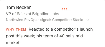 Tom Becker, VP of Sales at Brightline Labs, found by a competitor signal, with the reason he is on the list.