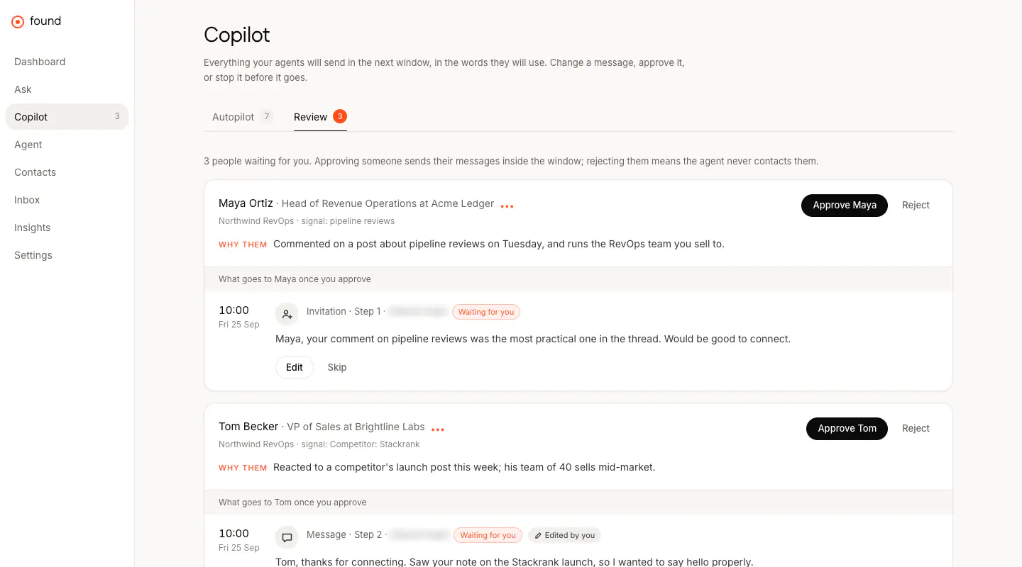 FOUND's Copilot screen: Maya Ortiz, Head of Revenue Operations, found because she commented on a post about pipeline reviews, with the invitation the agent will send once you approve.