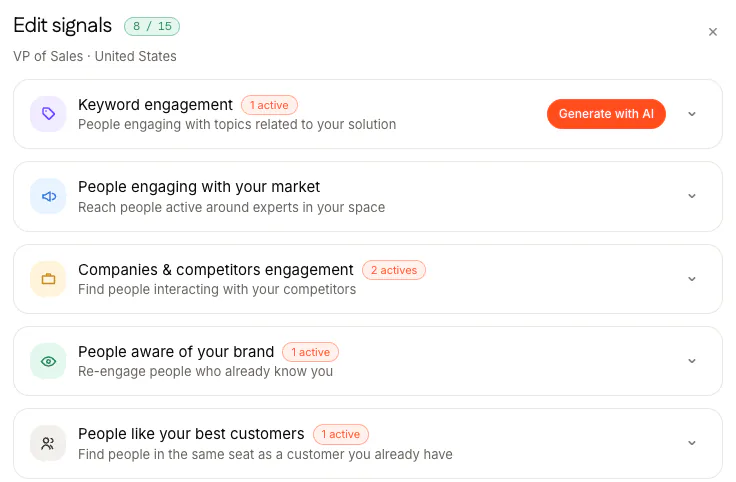 The Edit signals window for an agent aimed at VPs of Sales in the United States, 8 of 15 signals in use: keyword engagement, people engaging with your market, companies and competitors engagement, people aware of your brand, and people like your best customers.