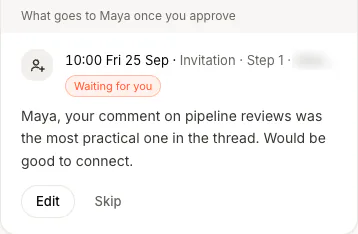 What goes to Maya once you approve: an invitation at 10:00 on Friday 25 September, waiting for you. Maya, your comment on pipeline reviews was the most practical one in the thread. Would be good to connect.