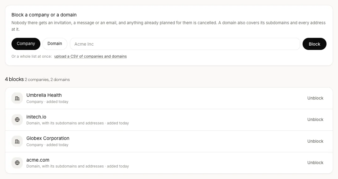 The block list in Contacts: block a company or a domain, with four blocks listed.