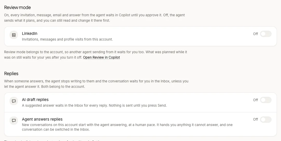 Agent settings: review mode for the LinkedIn account, and the two reply switches, AI draft replies and agent answers replies.
