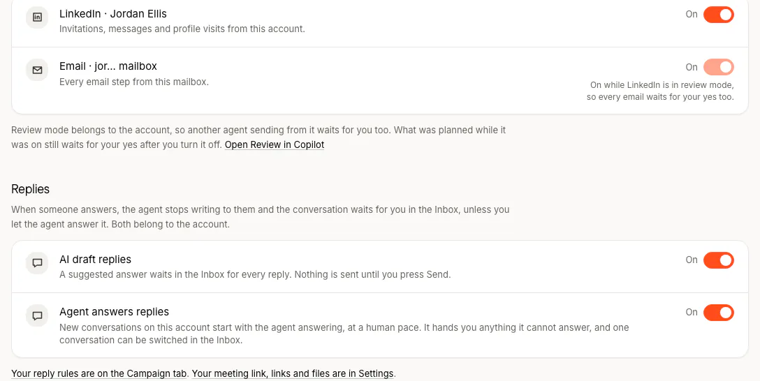 FOUND's agent settings. Review mode: on for the LinkedIn account, and on for the mailbox while LinkedIn is in review mode, so every email waits for your yes too. Replies: AI draft replies, on; agent answers replies, on, and it hands you anything it cannot answer. Below them: your reply rules are on the Campaign tab, and your meeting link, links and files are in Settings.