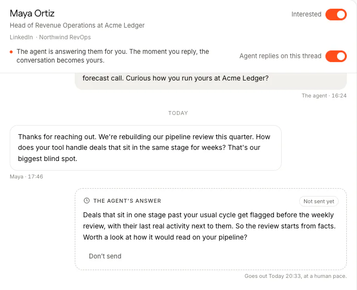 FOUND's Inbox: Maya Ortiz, Head of Revenue Operations at Acme Ledger, asks how the tool handles deals that sit in the same stage for weeks. Below, the agent's answer is marked 'Not sent yet' with a Don't send button, and 'Goes out Today 20:33, at a human pace'.