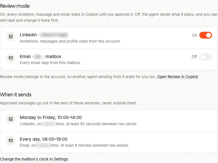 FOUND's agent settings. Review mode: on for the LinkedIn account, off for the mailbox. When it sends: LinkedIn Monday to Friday, 10:00 to 14:00, at least 90 seconds between two sends; email every day 08:00 to 19:00, at least 8 minutes between two emails.