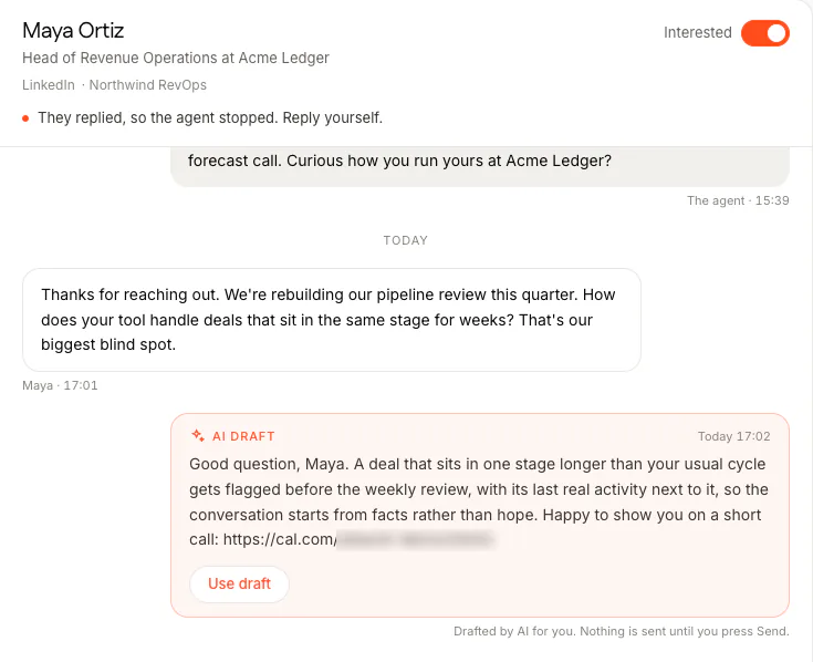 FOUND's Inbox: Maya Ortiz asks how the tool handles deals that sit in the same stage for weeks. An AI draft below answers that such deals get flagged before the weekly review with their last real activity, and offers a short call with a booking link. A Use draft button, and the note: Drafted by AI for you. Nothing is sent until you press Send.