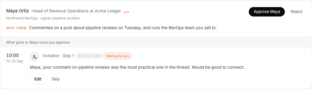 A lead waiting in Copilot: Maya Ortiz, Head of Revenue Operations at Acme Ledger, found by the signal pipeline reviews. Why them: commented on a post about pipeline reviews on Tuesday, and runs the RevOps team you sell to. Below, the invitation that goes to her once approved, at 10:00 on Friday 25 September.