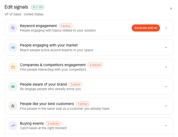 The Edit signals window for an agent aimed at VPs of Sales in the United States, 8 of 15 signals in use: keyword engagement, people engaging with your market, companies and competitors engagement, people aware of your brand, people like your best customers, and buying events.